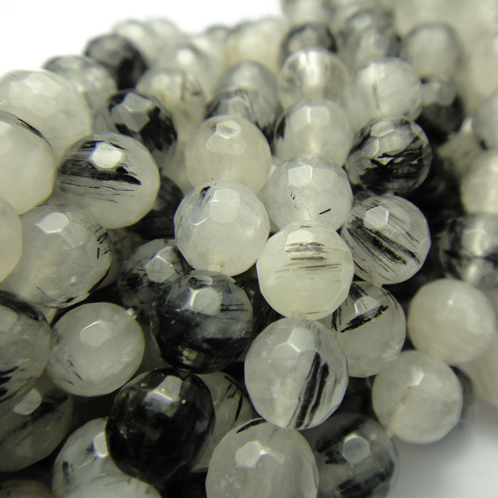 Black Tourmalinated Quartz 6mm Faceted Round Beads