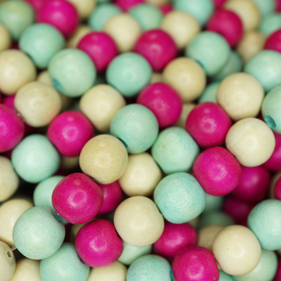 Natural White Wood Mixed Colour Beads - Hot Pink, Aquamarine and Natural