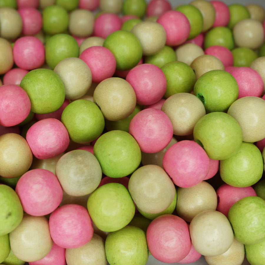 Natural White Wood Mixed Colour Beads - Lime, Rose Pink and Natural