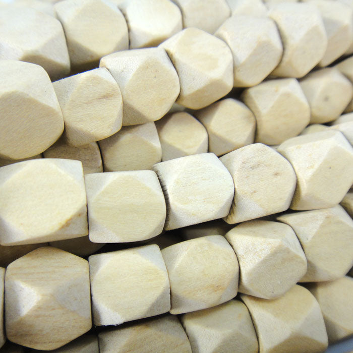 Natural White Wood 12mm Diamond Cut Wood Beads