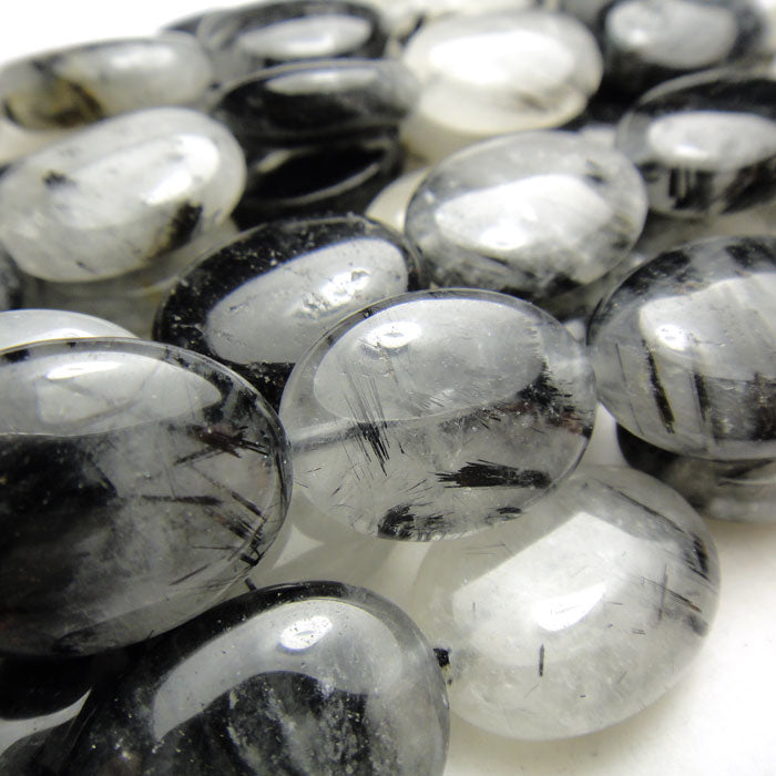 Black Tourmalinated Quartz Oval Beads
