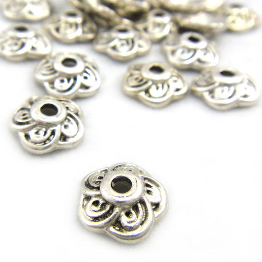 Tibetan Silver 9mm Flower Bead Caps (Pack 20)