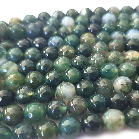 Moss Agate Faceted 6mm Round Beads